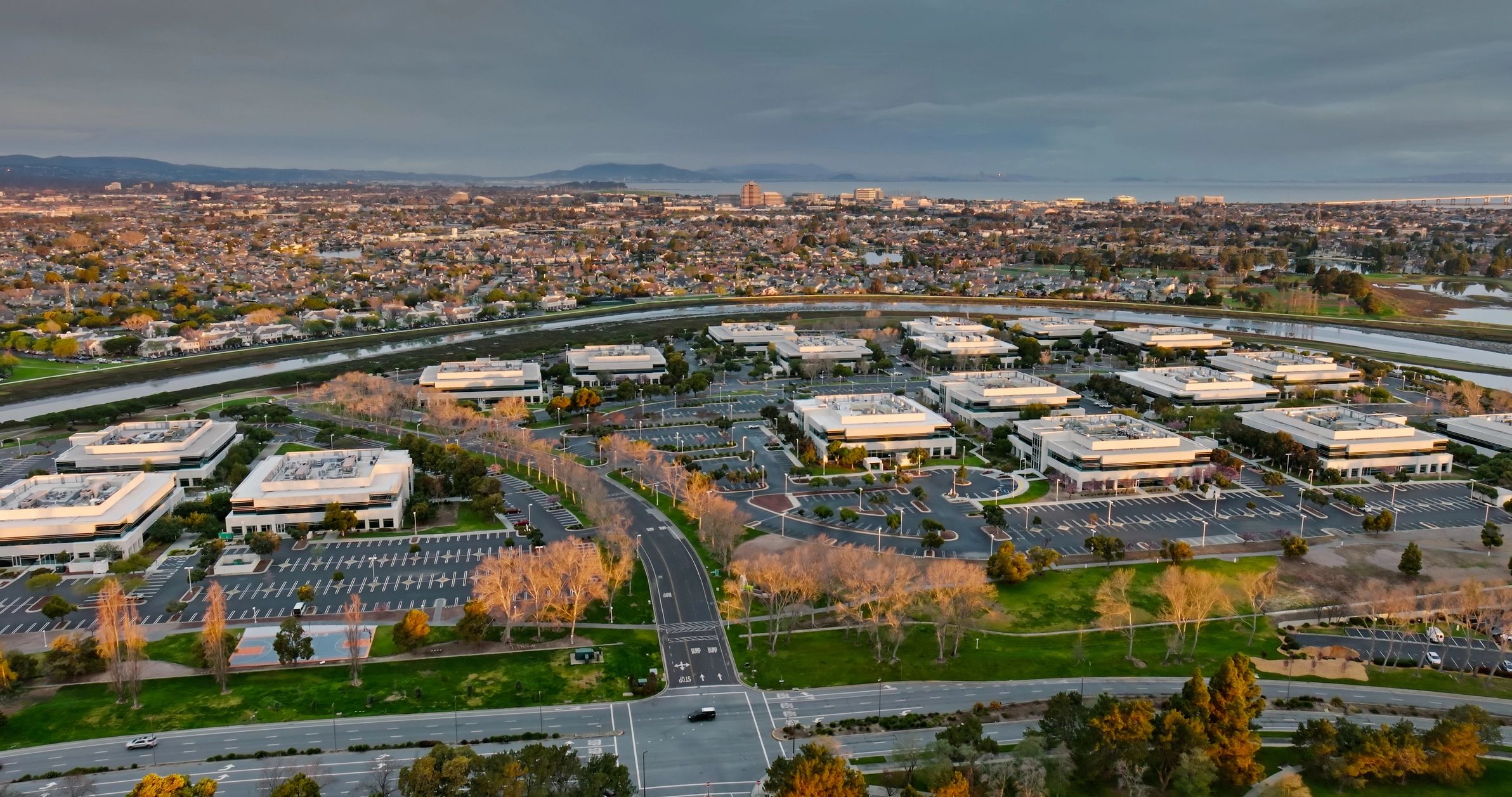 Aerial view of a residential neighborhood